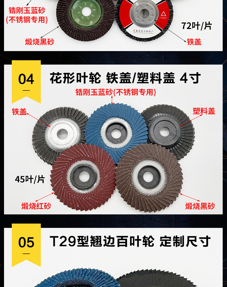 花形弹性磨盘 flower shaped flap disc papilianceous flap disc花型叶轮 soft flap discs flower shaped flap disc
韩式花型页轮 radial flap disc page wheel 4寸 100X16MM 木工金属塑料不锈钢打磨 弯曲弧面打磨百叶片抛光轮 抛光片 煅烧砂布轮 平面砂布轮 红砂蓝砂黑砂铁盖塑料盖氧化铝煅烧锆刚玉煅烧百叶片百页轮片 小太阳百叶片 花形页轮 花叶轮 花型页轮 花形页轮 铁心 FALP WHEEL FLAP DISC百叶片 百叶轮 韩式 打磨片 抛光片 软片 塑料盖 铁盖 尼龙网盖 平面砂布轮 加厚 锆刚玉砂布 煅烧砂布 三菱911砂布轮 定做 厂家 立式 黑色 红色 蓝色 陶瓷刚玉 磨料磨具 沙布轮 角磨机百页轮 百页片 100X16MM 125X22MM 115X22MM 150X22MM 180X22MM 4.5寸 5寸 4寸 6寸 7寸 75盖 90盖 磨砂片 绿色百叶片 砂轮片 除锈百叶片 百页轮 百页片 磨碟 抛光片打磨片 平面砂布轮 陶瓷刚玉百叶片 金属不锈钢塑料木材打磨 氧化铝百叶片 塑料盖 网盖 铁盖百页 75盖90盖 黑砂红砂蓝砂 大盖小盖百叶片 T27 T29 双叶百叶片 翘边百叶片 flap disc 砂布弹性磨盘 抛光盘 打磨砂轮 角磨机打磨片 立式页轮 金属不锈钢塑料木材打磨 氧化铝百叶片 大盖小盖百叶片 跨境外贸百叶片 亚马逊百叶片 弧形 VERTICAL FLAP DISC 40# 60# 80# 100# 120# 180# 240# 320# 400#