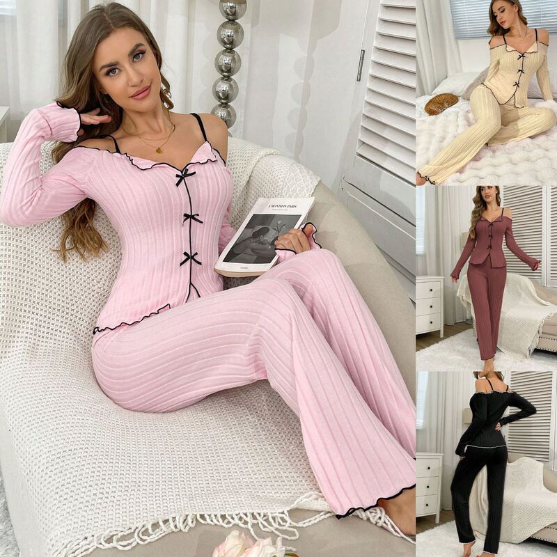 Cross-Border Autumn and Winter New European and American Style Women's Pajamas, Sexy Off-Shoulder Long-Sleeve Casual Long Pants, Warm Loungewear Set for Women Cross-Border Autumn and Winter New European and American Style Women's Pajamas, Sexy Off-Shoulder Long-Sleeve Casual Long Pants, Warm Loungewear Set for Women
