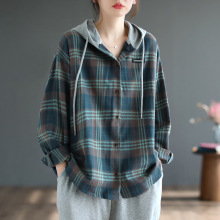 秋款单排扣格纹薄款磨毛长袖衬衫女文艺休闲大码休闲连帽衬衣