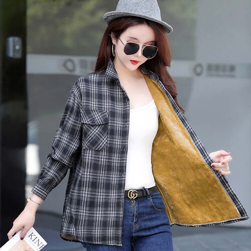 New fashionable casual velvet thick lapel plaid shirt loose slimming temperament all-matching long-sleeved coat top