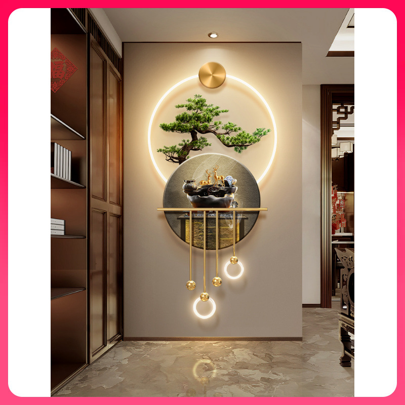 ✅Nueva pintura decorativa de entrada de pino de bienvenida al estilo chino Podocarpus ciprés pasillo lámpara de pared agua corriente para ganar dinero en casa