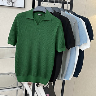 Men's Spring Summer Autumn Business Polo Knit Pullover Jacquard Pineapple Needle Slim Top