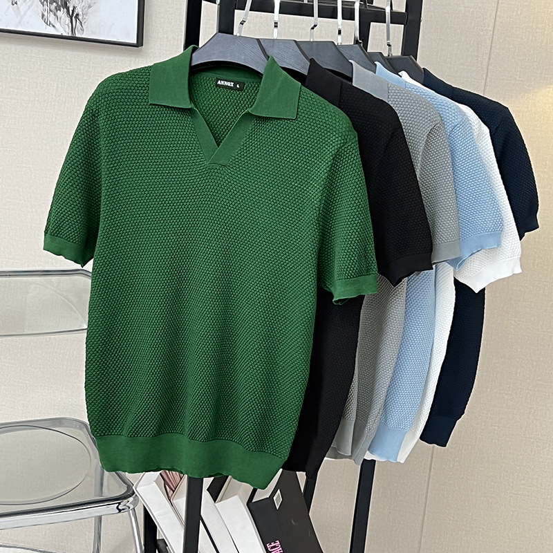 Men's Spring Summer Autumn Business Polo Knit Pullover Jacquard Pineapple Needle Slim Top