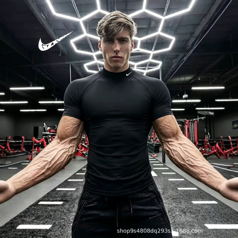 Y2K Men's High-Neck Short-Sleeved Fitness Tight-Fitting Quick-Drying Breathable High-Elastic Moisture-Wicking Muscle Shaping Running Top