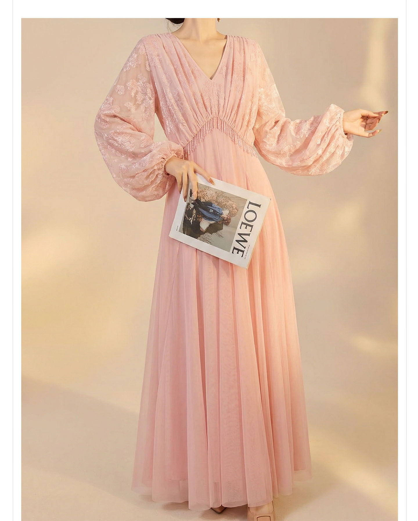 Đầm maxi nữ cổ V tay dài phong cách Trung Quốc mới, thiết kế thắt eo, dáng suông nhẹ — màu hồng chi tiết 10