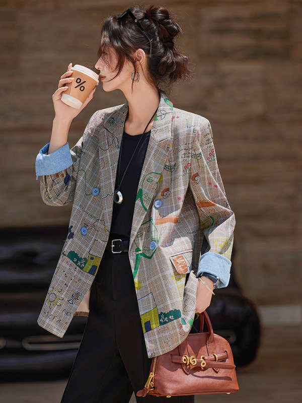 格子西装外套女春秋2025新款高级感韩系牛仔休闲小个子时尚西服潮|undefined