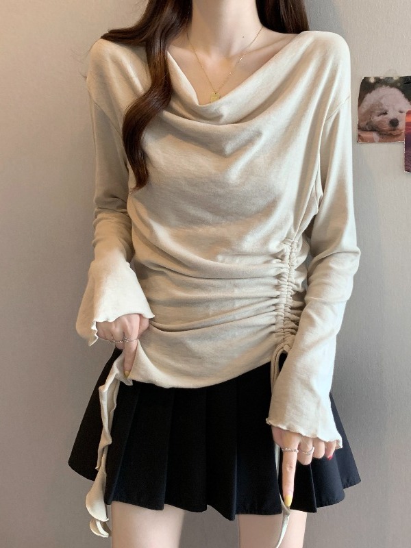 美拉德咖色荡领长袖T恤女2025早秋大码胖mm打底衫不规则抽绳上衣|undefined