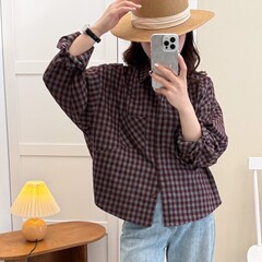 琪镌绘制秋季新款格子长袖衬衫洋气翻领衬衣女装宽松休闲上衣5018