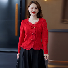 新中国式の国風の長袖のシャツの女性の春の新型のハスの葉の辺のファッションのシャツの小さい背の洋風の対外貿易の上着