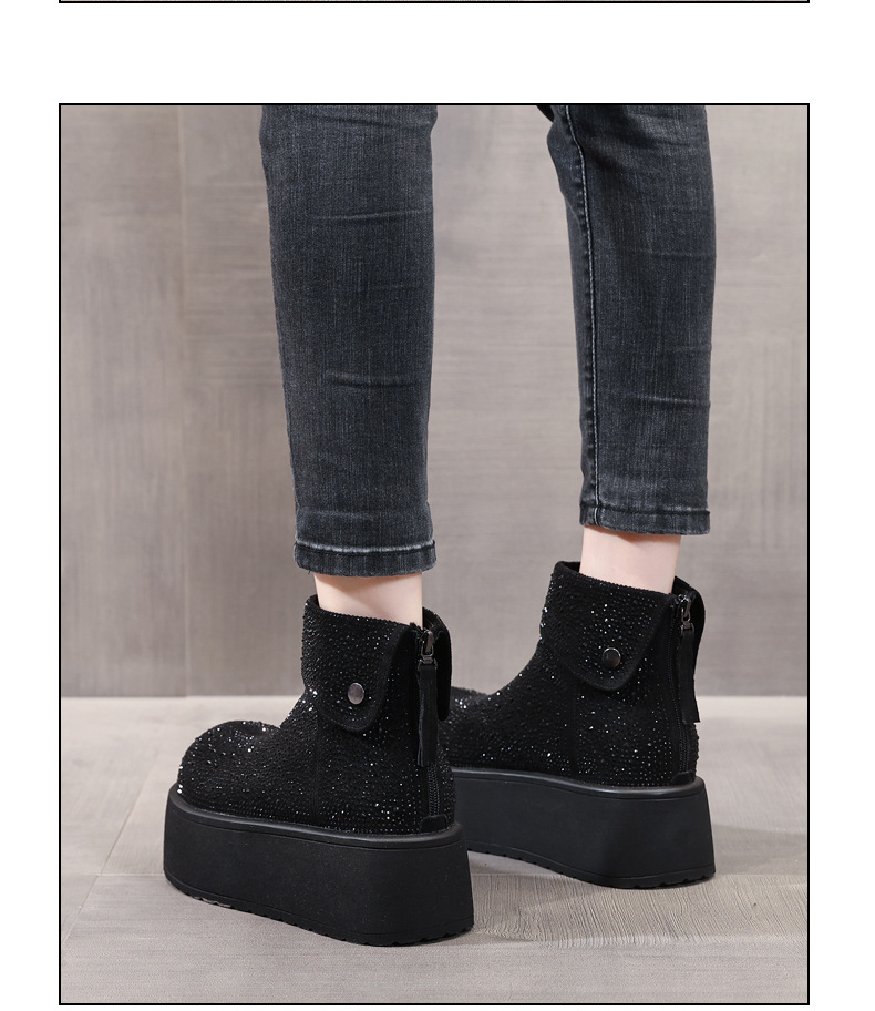 Giày boot nữ cổ cao lót nhung giữ ấm, đế dày độn cao chống trượt — Màu đen chi tiết 16