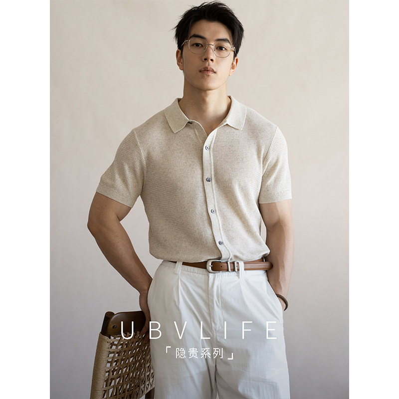 Men's linen textured polo short-sleeved shirt, 2026 summer style, cool, breathable, skin-friendly, turn-down collar, casual style.