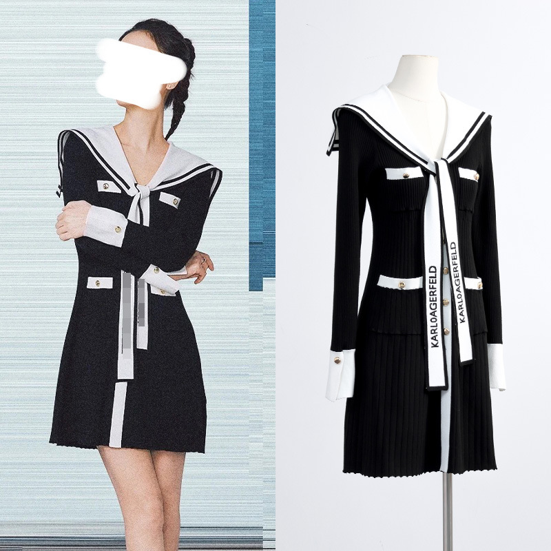 [in Stock] Lin Xinru Style Navy Collar Lettered Tie Shawl Hepburn Style Color-Blocking Slim-Fit Long-Sleeve Knit Dress