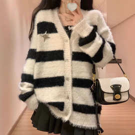 跨境热卖针织开衫女秋季欧美新款宽松v领仿貂毛衣柔软加厚上衣