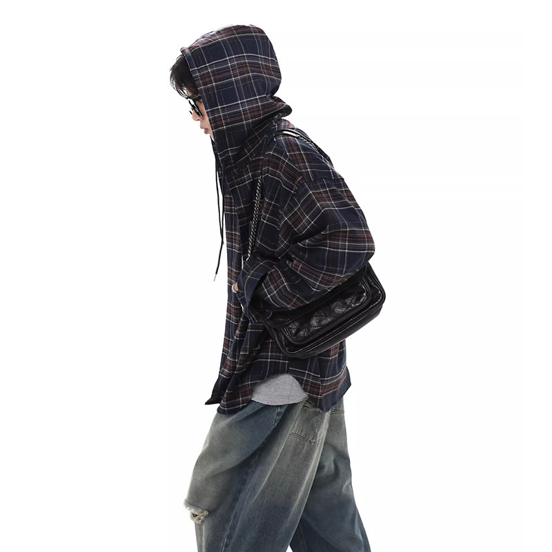 American-style Casual Lazy Trendy Top Spring and Autumn Hooded Casual Retro Plaid Long-sleeved Shirt Men's Jacket Wear