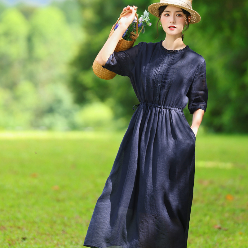 2025 Classy Ramie Heavy Embroider Dress Women's Summer New Three-Quarter Sleeve Lace Collar Long Skirt Double Layer with Lining