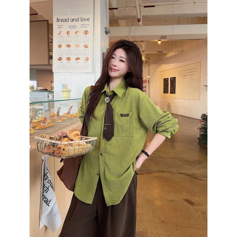 Autumn and Winter New Style Lazy Artistic Shirt, Retro College Style Avocado Green Long-Sleeved Corduroy Shirt Top
