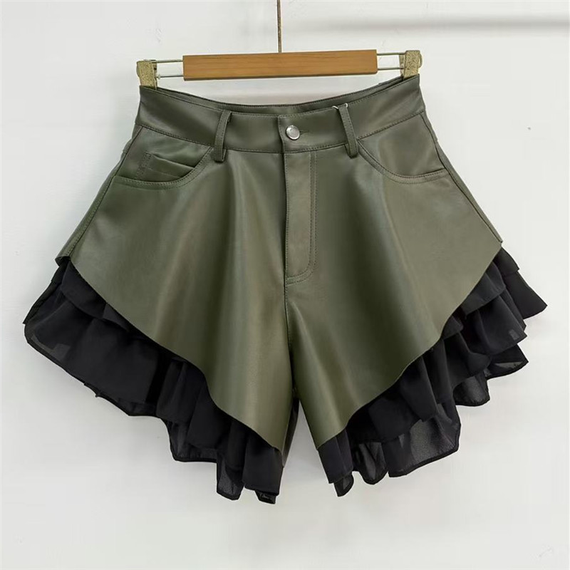 Falda Pantalón de Cuero PU de Cuero PU, Cintura Media y Baja, Empalmado image 7