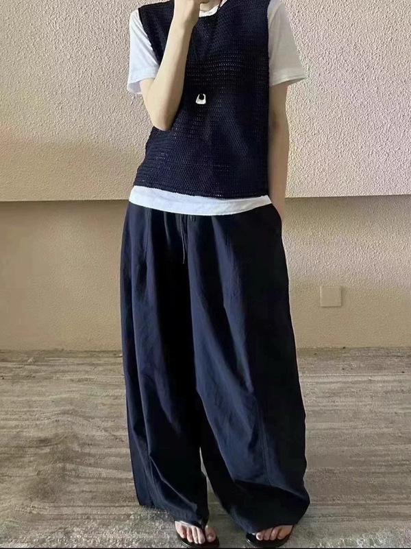 南油小众设计同款时尚百搭休闲空气裤女秋季新款抽绳工装风阔腿裤|undefined