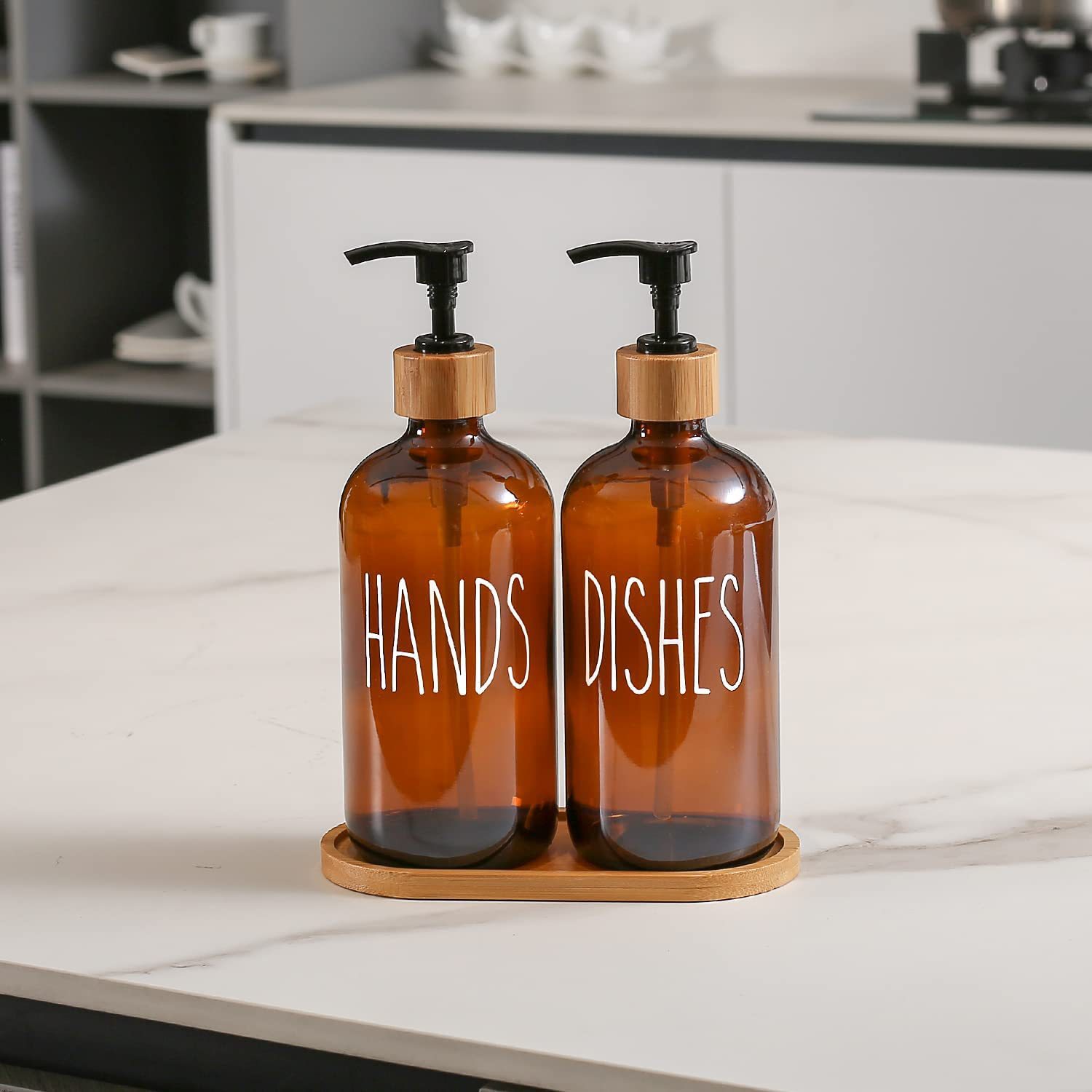 Amazon serie de baño de 16oz café rústico botella de jabón de madera botella de desinfectante de manos con jabón de madera