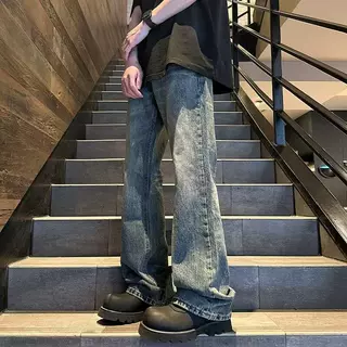 微喇复古蓝牛仔裤男美式高街hiphop水洗做旧潮牌设计渐变直筒长裤