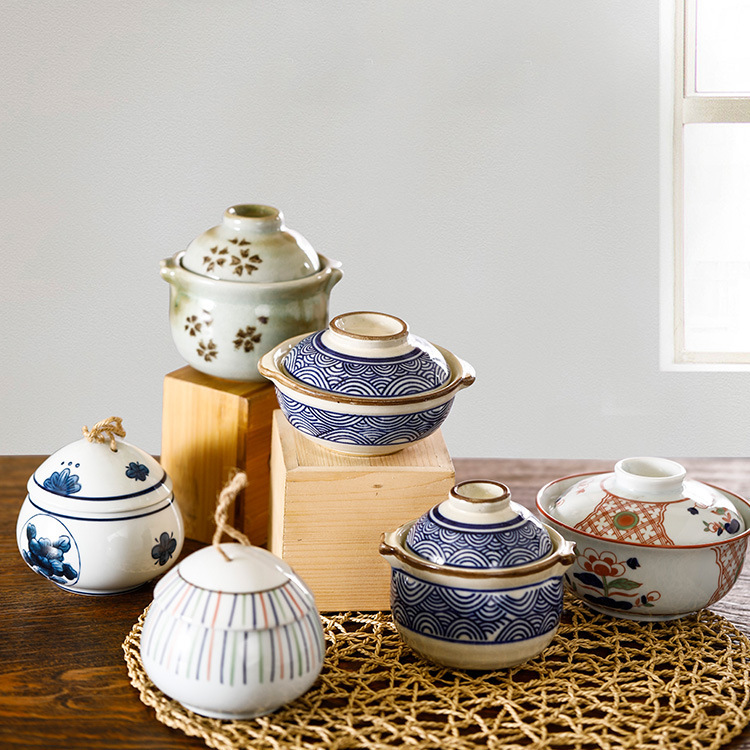 Three-point ceramic Japanese and Korean tableware ceramic stew Cup with lid soup cup steaming Egg Bowl stew pot ceramic cup nest cup