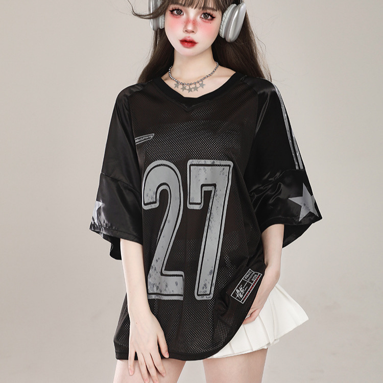 Design-Inspired Mesh Baseball Collar Casual Printed Raglan Short-Sleeve T-Shirt for Women, Summer Quick-Dry Jersey Style Top Design-Inspired Mesh Baseball Collar Casual Printed Raglan Short-Sleeve T-Shirt for Women, Summer Quick-Dry Jersey Style Top