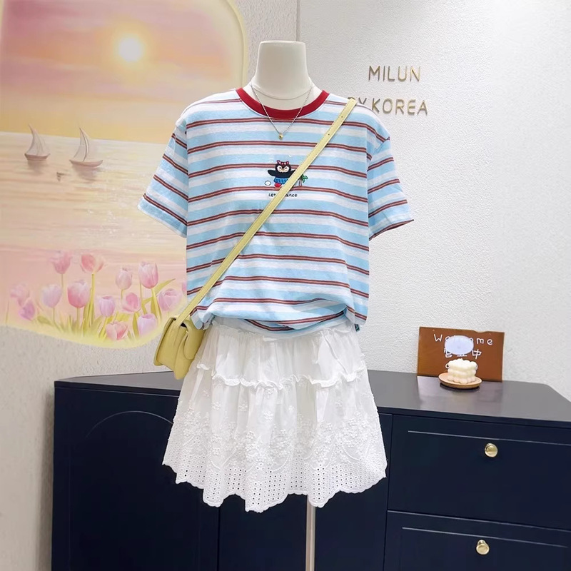 Cross-Border Plus Size 120kg Lightweight Summer Blue Striped Penguin Color-Blocking Short-Sleeve Top T-Shirt Korean Women's Fashion Dongdaemun