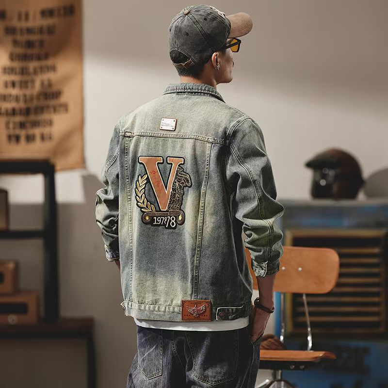 Denim coat spring and autumn American high street fashion brand retro top 2025 spring distressed style ruffian handsome jacket