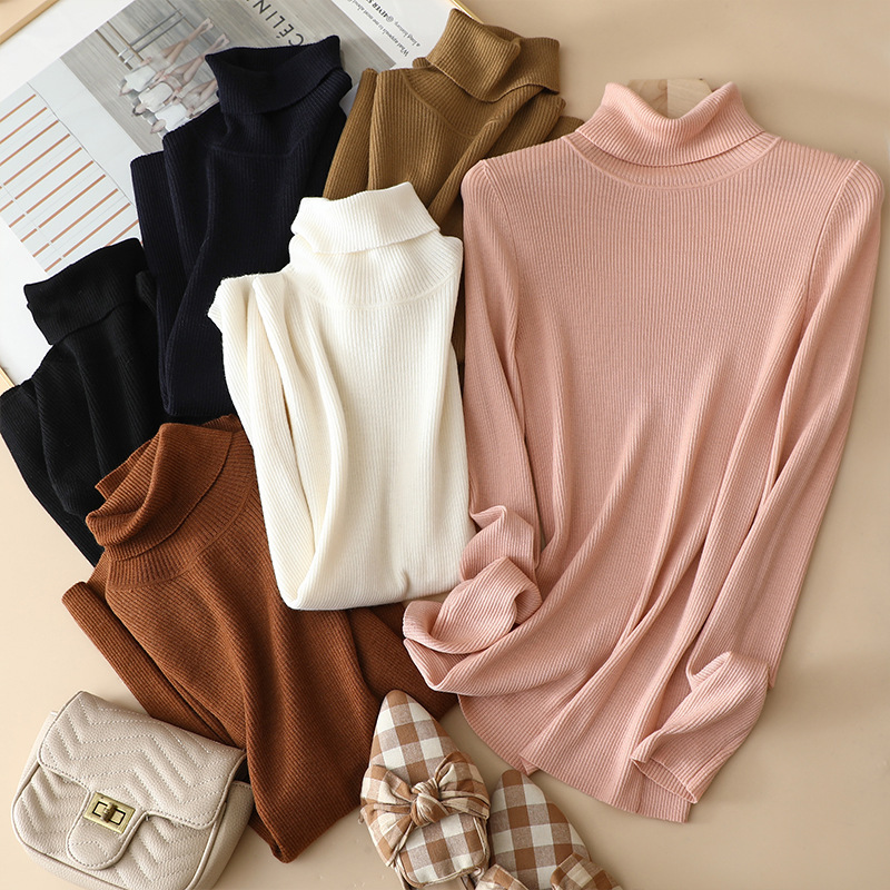 Pinrong Autumn and Winter New 60-Count Yangtze Yarn Pure Wool Sweater Women's High-Neck Ribbed Slim Stretch Knitted Bottoming Sweater