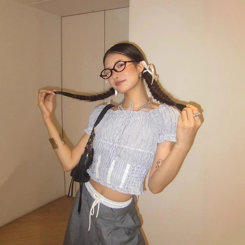 Japanese S Brand 25 Summer New French Country Style Lace Collar Waist-Cinching Short-Sleeve Shirt for Women 030Isz30-2421