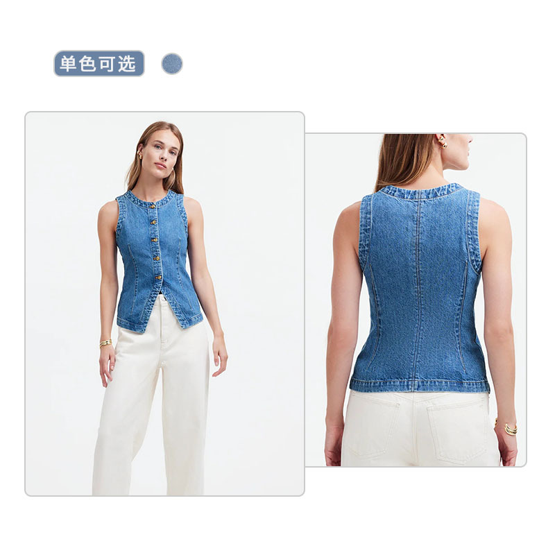 2025 Summer New European and American Cross-border Foreign Trade Sleeveless Slim-fit Slim-fit Denim Vest Women's Crewneck Waistcoat Vest