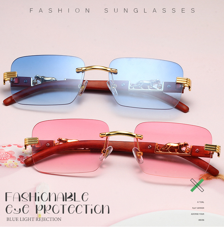 New trendy design rimless men's sunglasses trendy sunglasses wood grain leopard head sunglasses_voghion.com