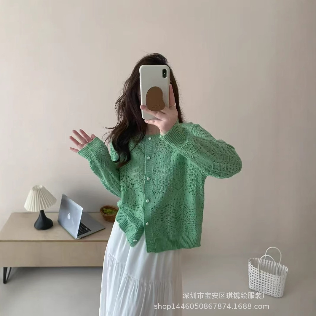 Qi Engraved Drawing Spring Hollow Solid Color Long Sleeve Knitted Cardigan Round Neck Loose Korean Style Elegant Sweater Women's 22030