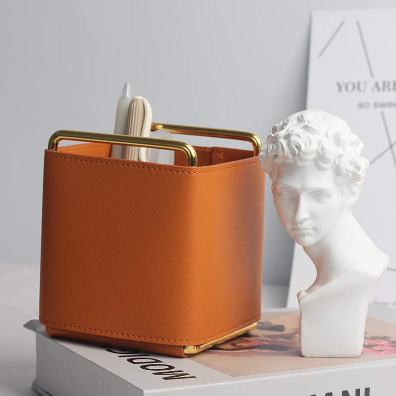 Spot Desktop Storage Box Nordic ins Leather PU Metal Makeup Brush Storage Pen Containers Study Desktop Ornaments