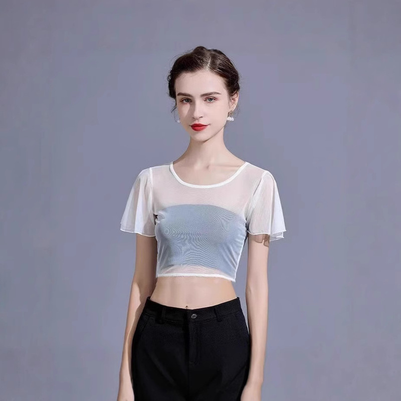 Summer Thin See-Through Sunscreen Gauze Short-Sleeved T-Shirt Lace Shirt Half Fly Sleeve Mesh Bottoming Shirt Bat Sleeve Blouse