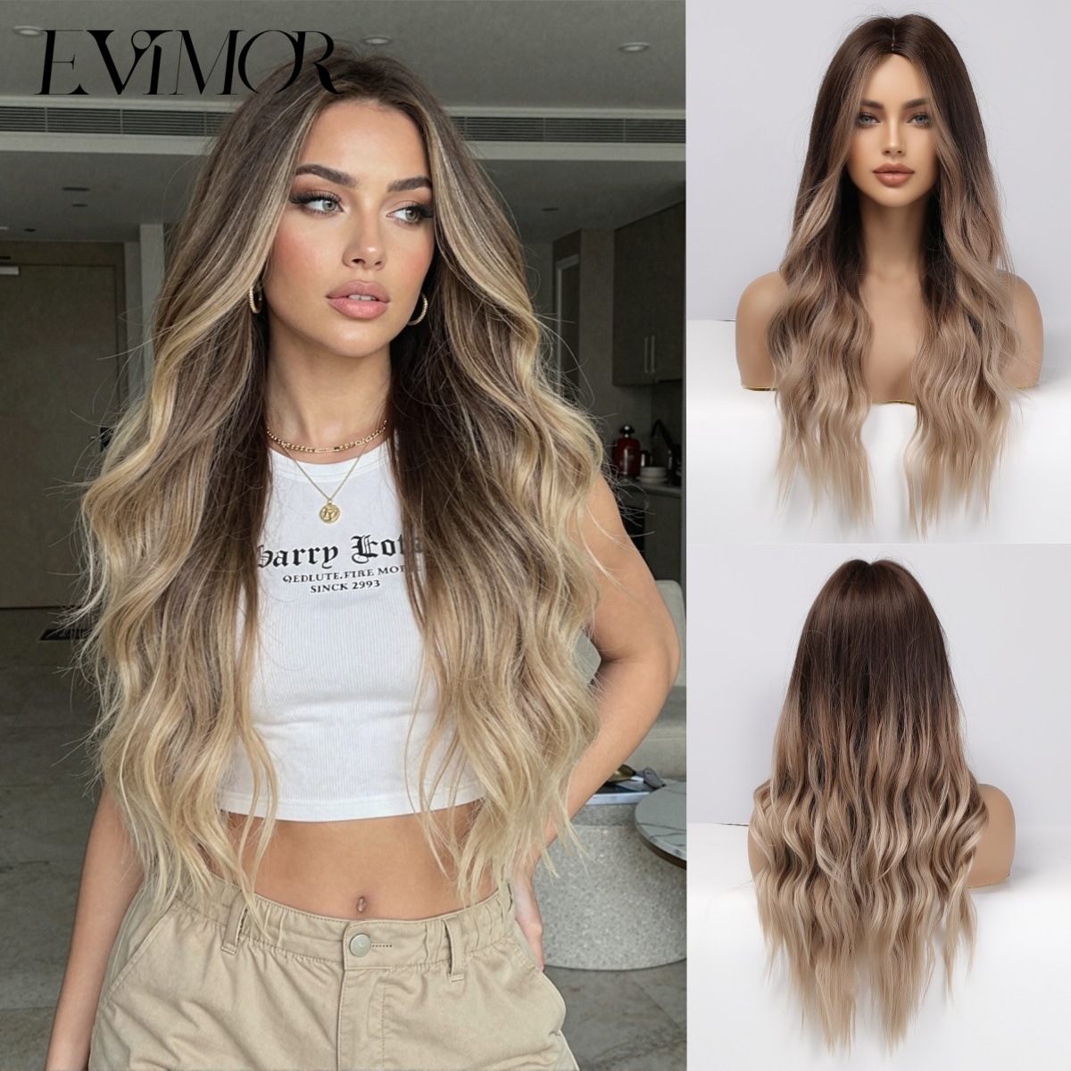 Peluca Larga de Ondas Grandes para Mujer Fibra de Alta Temperatura Con Flequillo Largo Degradado