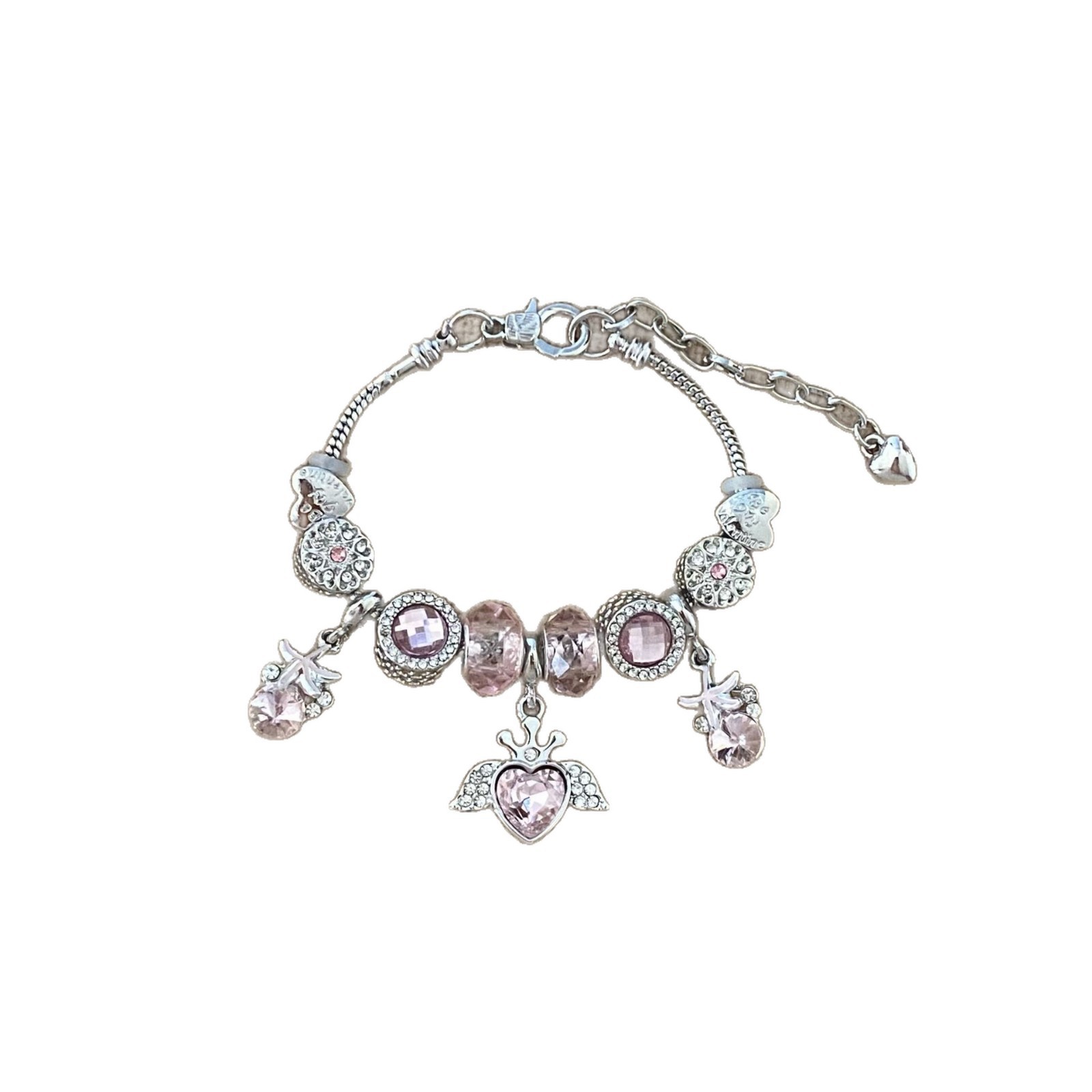 Bracciale a cuore con angelo in perle di vetro rosa e zircone_voghion.com
