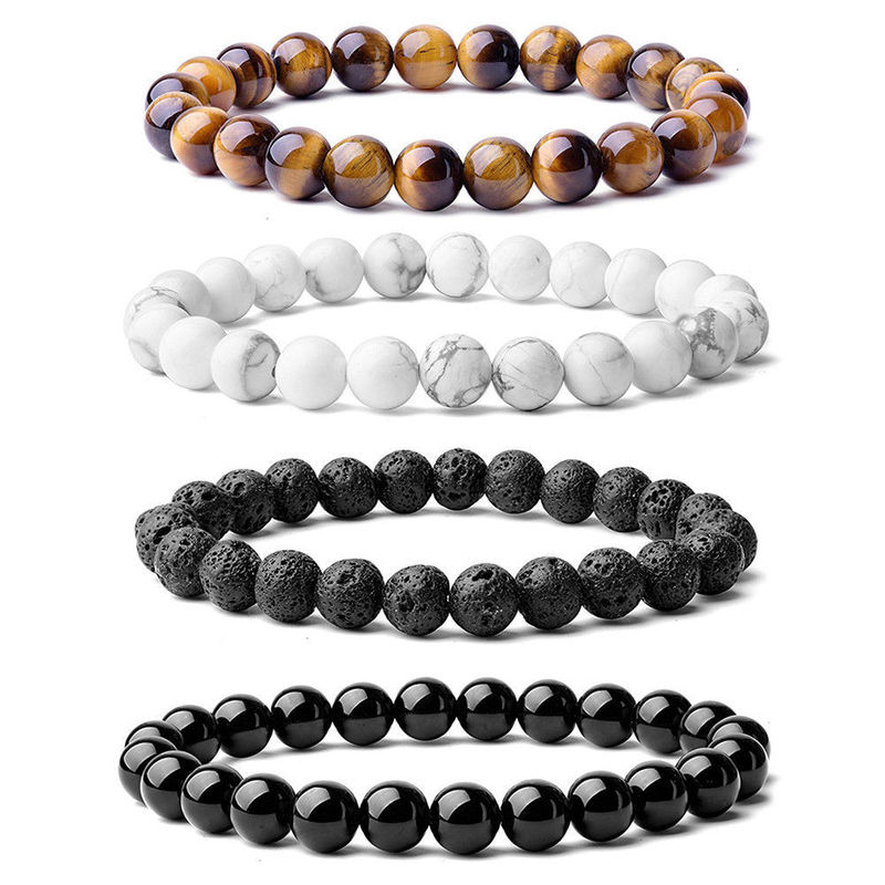 Cross-border Hot Selling 8MM Natural Stone Beads Bracelet Semi-precious Black Onyx Tiger Eye Men's Beaded Stingstring Bracelet