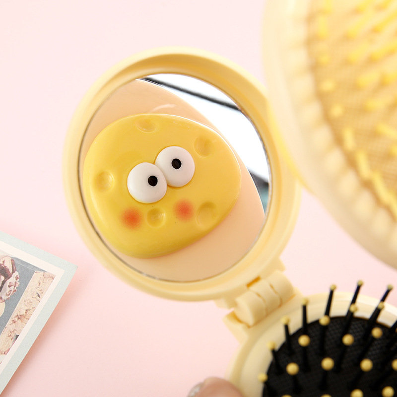 Cute airbag queso de dibujos animados niñas peines portátiles plegables airbag espejo 2 - en - 1 mini peines de mano
