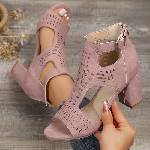 Women's thick-heeled fish mouth hollowed out back hollowed out fashionable outdoor banquet hook buckle back zipper fashionable high-heeled thick-heeled sandals