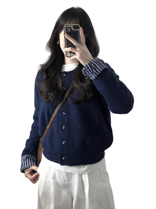 假两件藏蓝色针织开衫毛衣女春秋季新款韩系慵懒风松弛感短款上衣|undefined