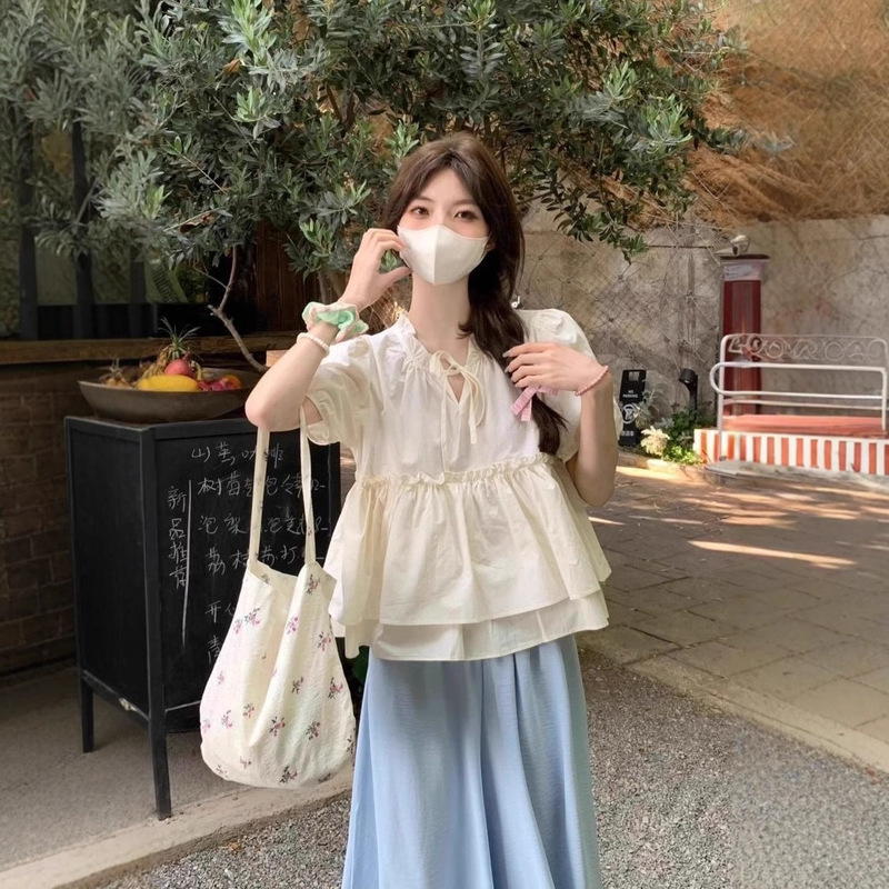 Loose Ruffled Youthful Doll Top Summer New Women's Korean Sweet Tie Puff Sleeve Shirt Trendy Loose Ruffled Youthful Doll Top Summer New Women's Korean Sweet Tie Puff Sleeve Shirt Trendy
