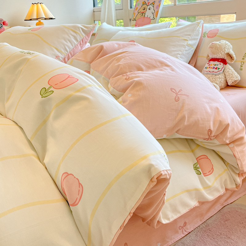 Cama de algodón cuatro piezas de sábanas de algodón cubierta dormitorio único pequeño fresco tres piezas de Nantong ropa de cama al por mayor