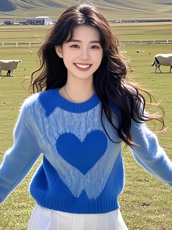 克莱因蓝爱心印花撞色毛衣针织衫女2025早秋季新款多巴胺漂亮上衣|undefined