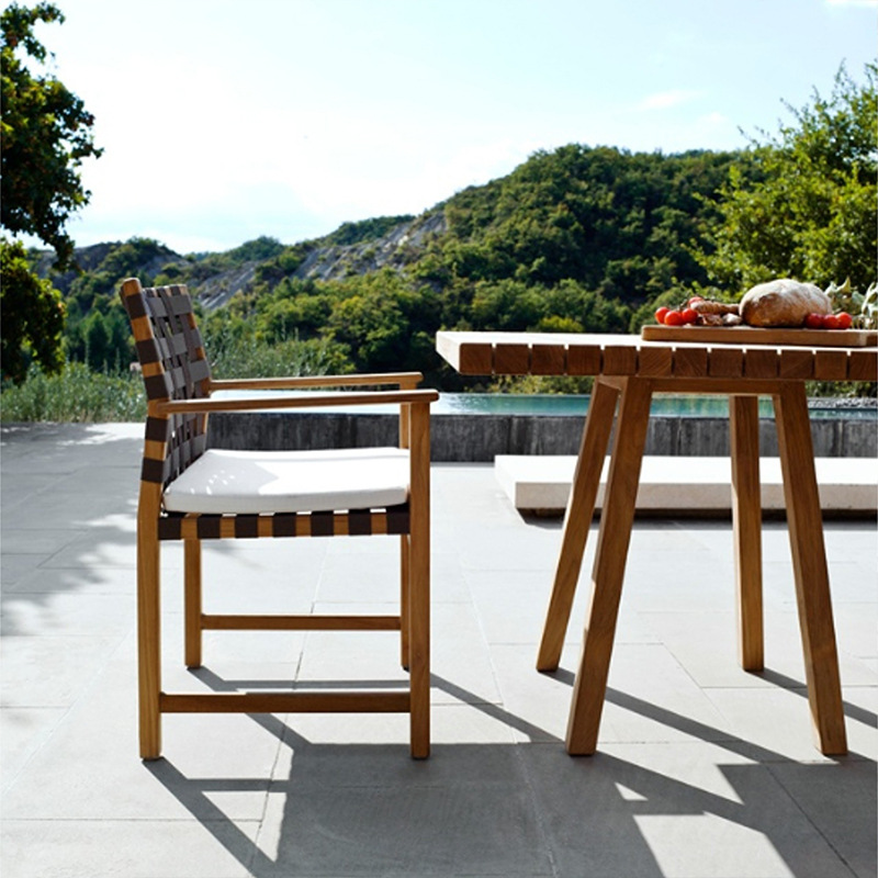 Mesa y silla de teca al aire libre anticorrosivo madera sólida alojamiento residencial patio al aire libre jardín ocio mesa larga impermeable silla de caña