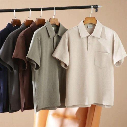 New Summer Japanese-Style Heavyweight Polo Shirt for Men, Casual Solid Color Fashion Collar-Up Short Sleeve T-Shirt