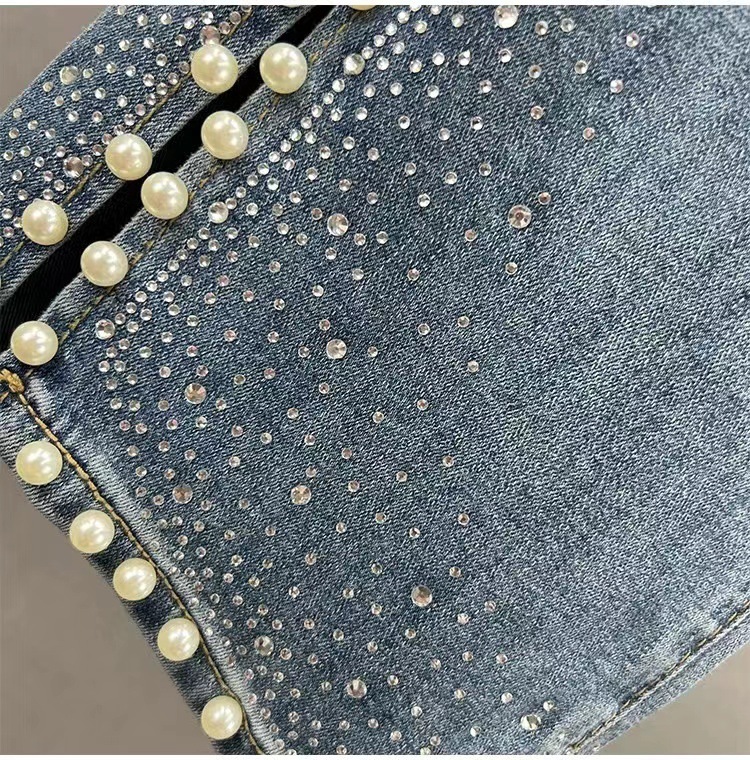 High-waisted Rhinestone Flared Jeans With Side Slits Denim Trousers_voghion.com