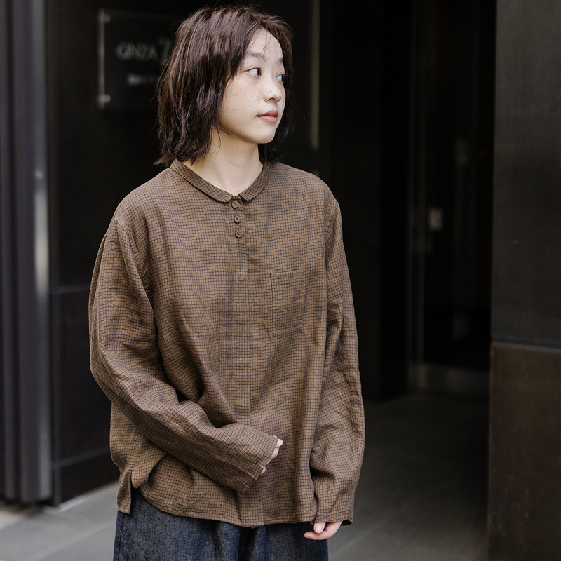 Linen Yarn-dyed Plaid Vintage Original brown Loose Lapel All-match Casual Cardigan Long-sleeved Shirt