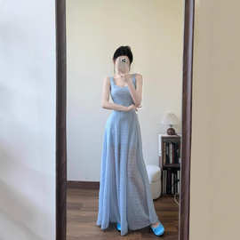 法式蓝色方领吊带连衣裙女夏海边度假气质感收腰显蓬蓬淑女裙子