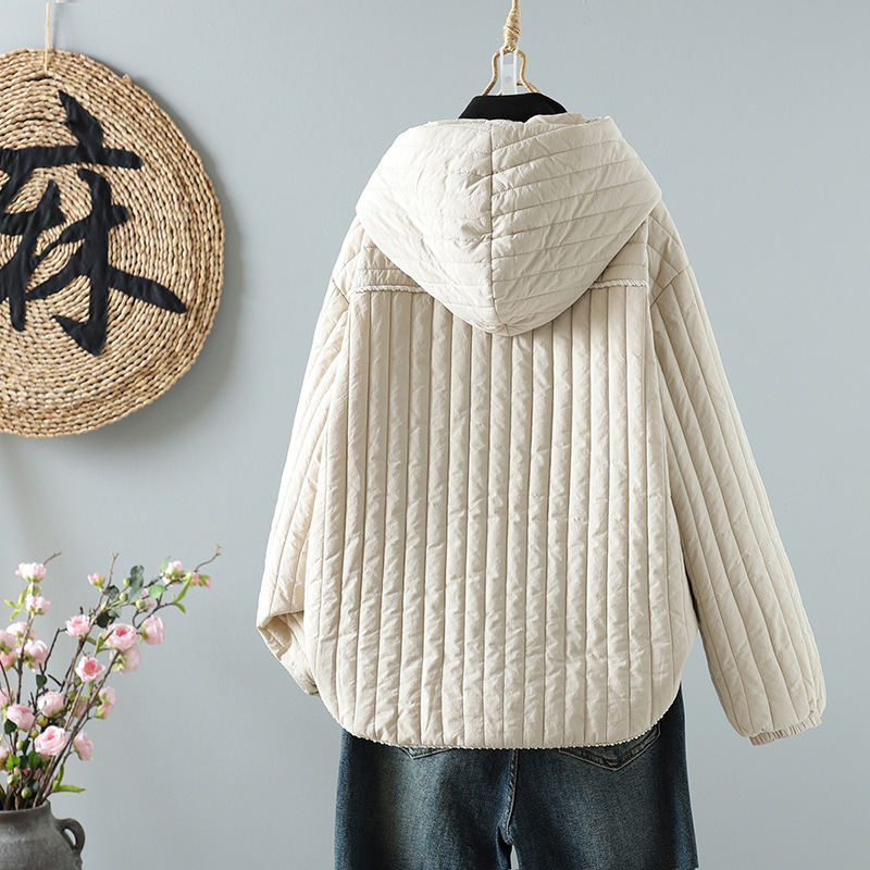 秋冬新品女装休闲宽松上衣绗缝夹棉连帽外套简约薄款棉服棉衣小…|undefined